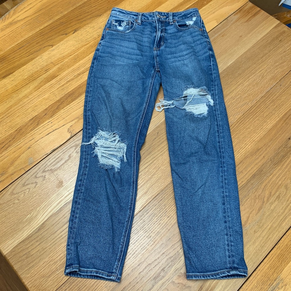 American Eagle Mom Straight‎ Jeans Distressed Medium Wash Blue Size 2 Regular